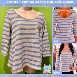 NWT JRS L LIGHTWEIGHT SWEATER KNIT TOP GRAY/SKY BLUE BACK CUTOUT BACK TO SCHOOL